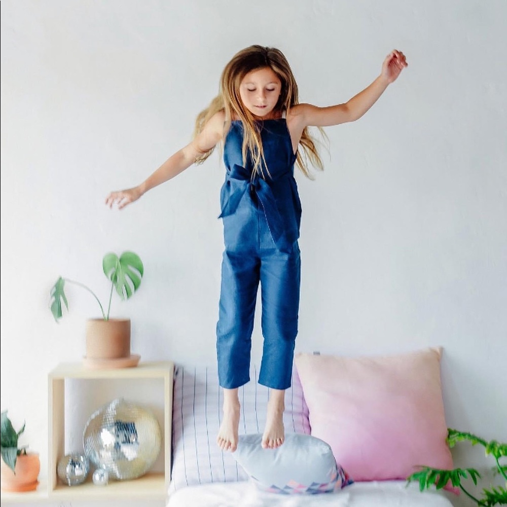 Dapper Crown girls navy linen romper jumpsuit
